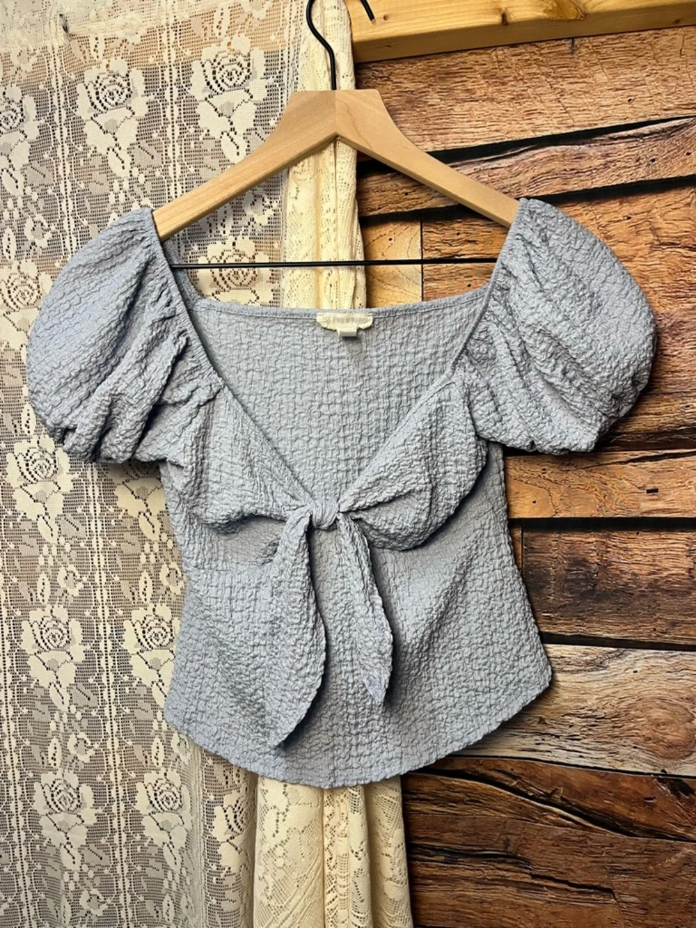 See You Monday Powder Blue Puff-Sleeve Tie-Front Crop Top (226) - Picture 2 of 6